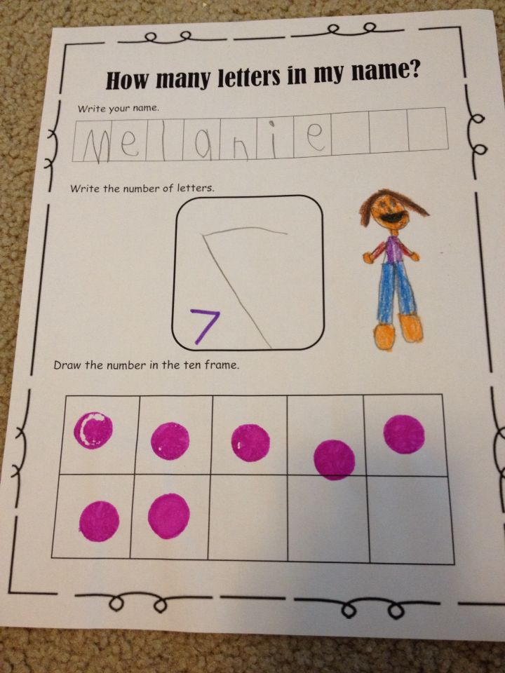 Handwritten name worksheet with seven in ten frame