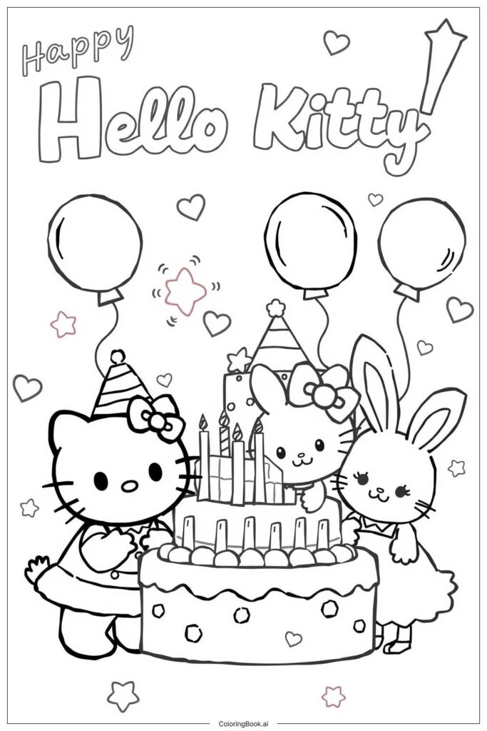 Hello Kitty birthday coloring page with cake and balloons