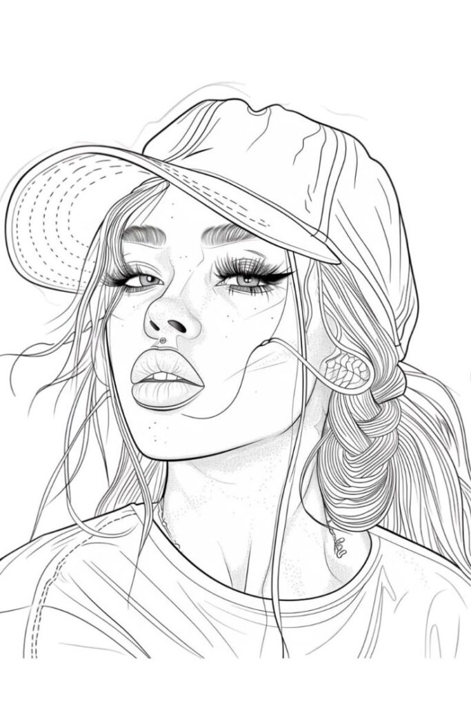 Line drawing of woman wearing cap, hoop earring, and septum piercing