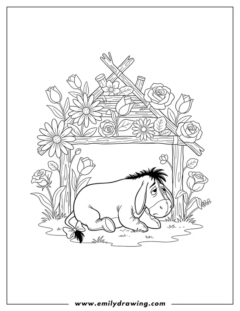 Cartoon donkey beneath a flower-covered wooden frame