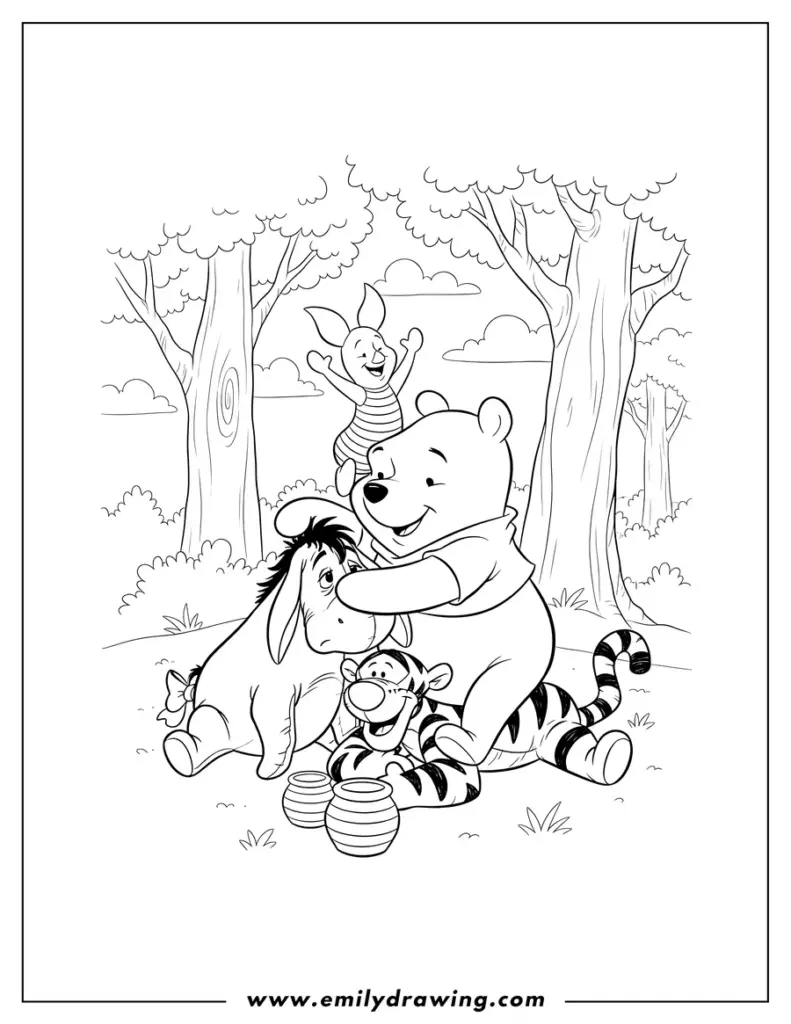 Winnie the Pooh with friends in forest coloring page