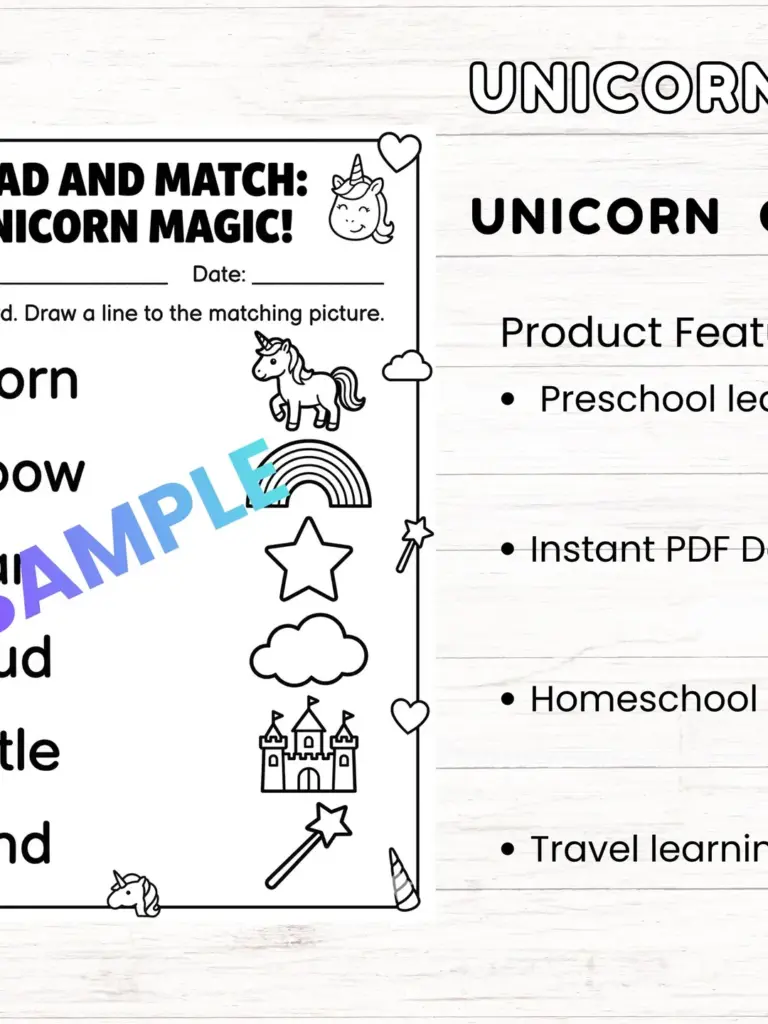 Unicorn-themed worksheet beside product feature list screenshot
