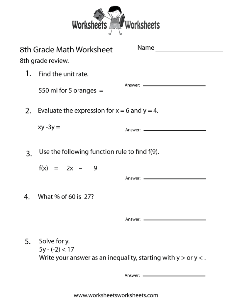 Black-and-white 8th grade math worksheet with five problems
