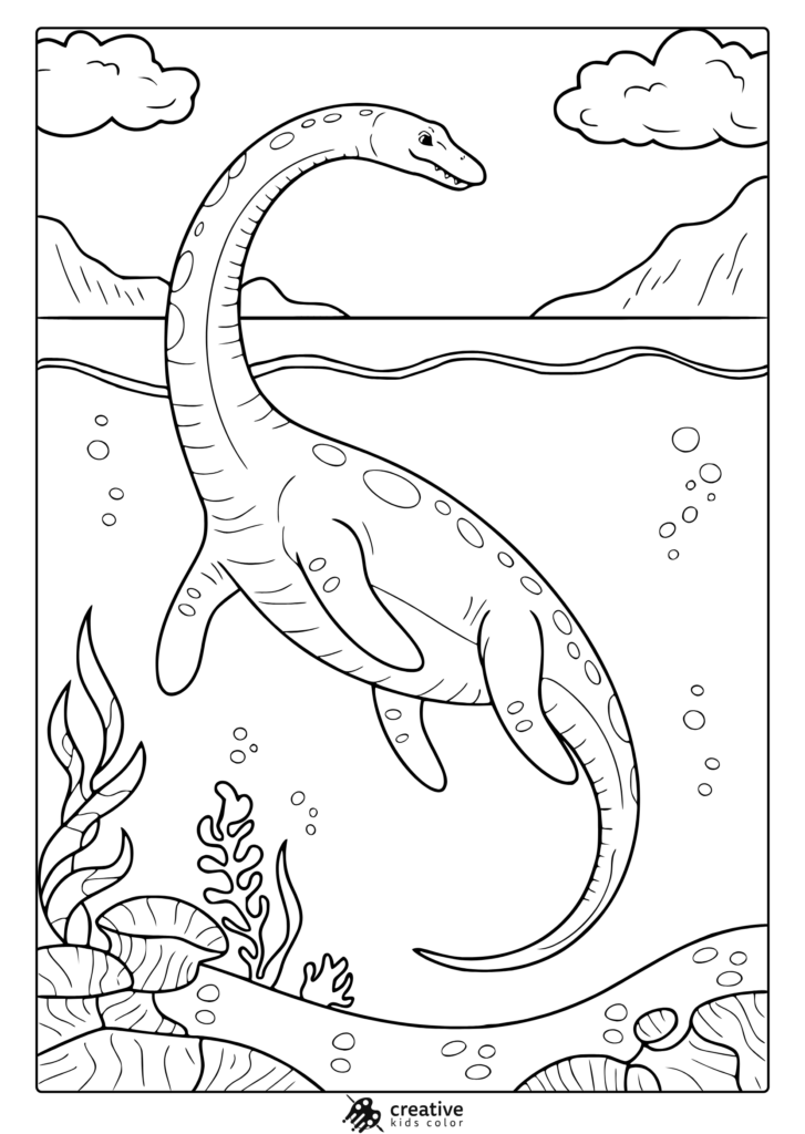 Cartoon sea monster underwater with clouds and bubbles
