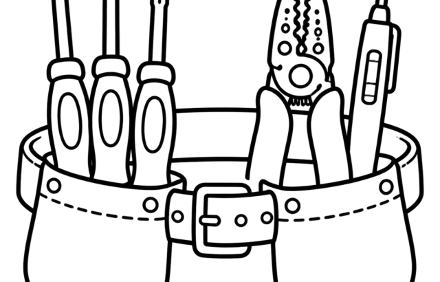 Tool belt holding screwdrivers, pliers, and a utility knife