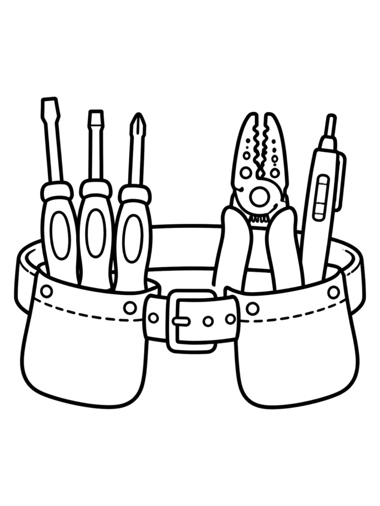 Tool belt holding screwdrivers, pliers, and a utility knife