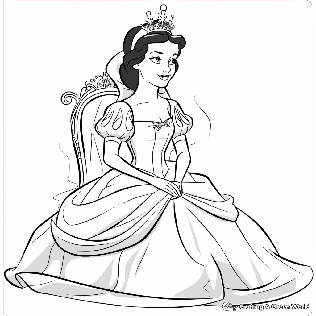 Black-and-white princess seated in ornate chair illustration