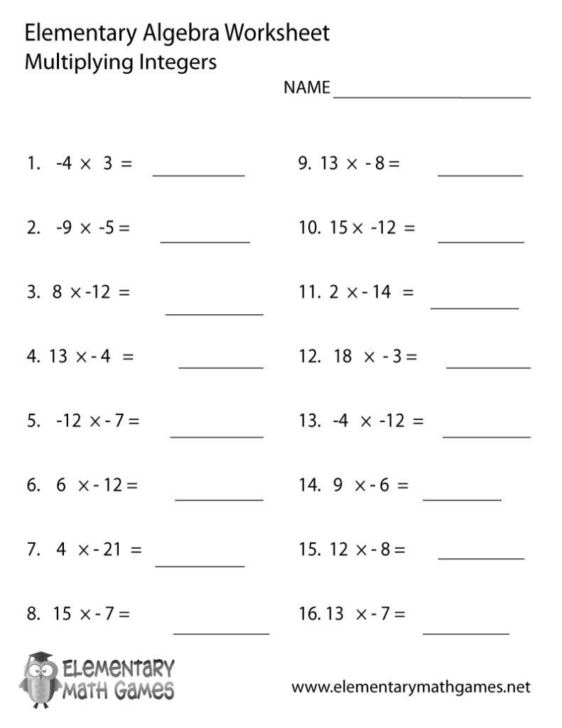 Elementary algebra worksheet multiplying integers with problems and answer lines