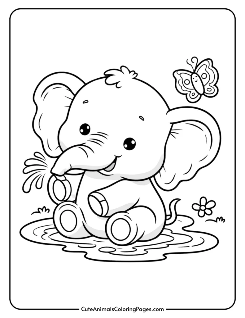 Cute cartoon elephant splashing in puddle with butterfly