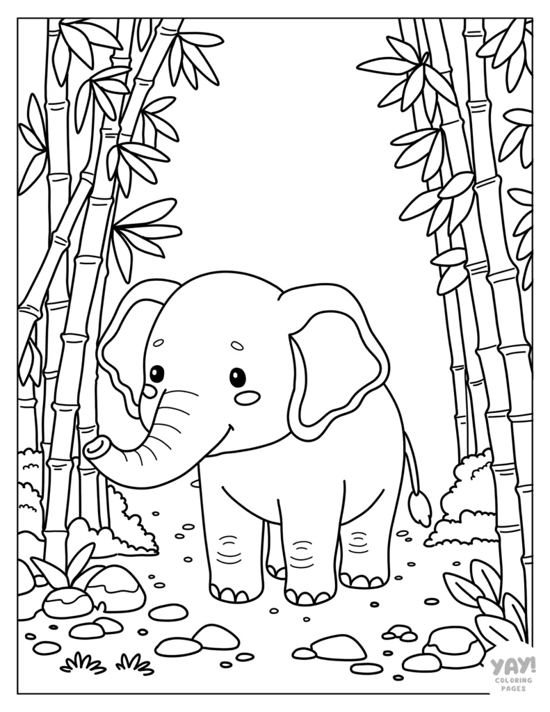 Cute baby elephant in bamboo forest coloring page