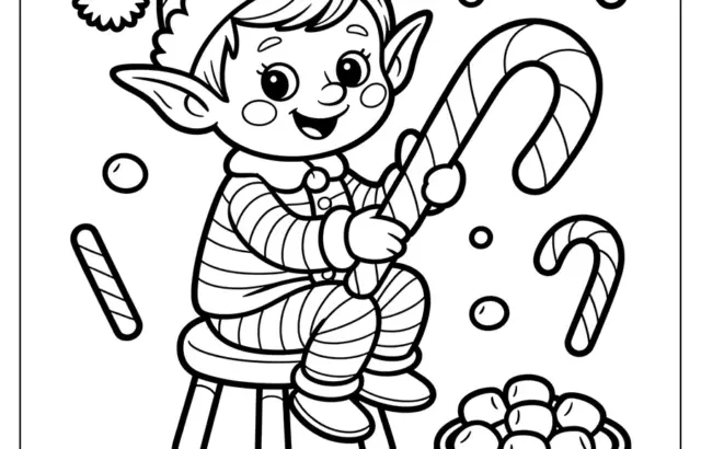 Elf holding candy canes beside bowl of sweets