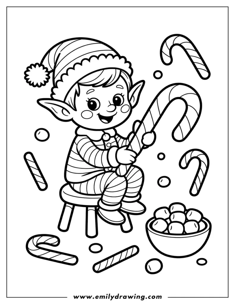 Elf holding candy canes beside bowl of sweets