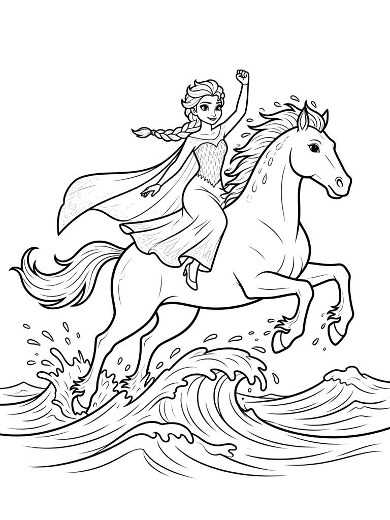 Cartoon princess riding a rearing horse over waves