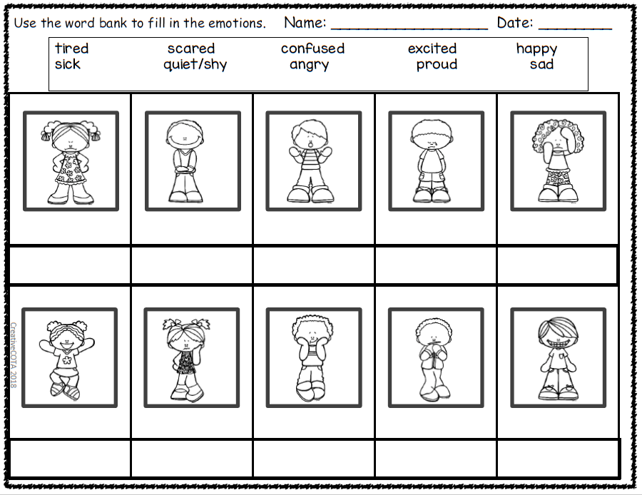 Emotions worksheet with ten cartoon children illustrations