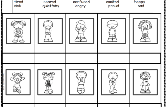 Black-and-white emotions worksheet with ten cartoon children