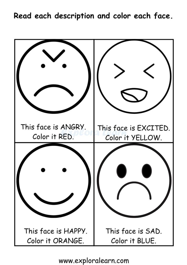 Emotion faces worksheet with coloring instructions and text