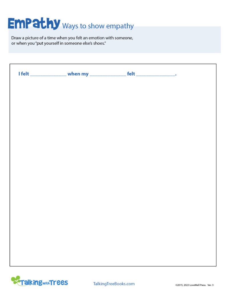 Empathy worksheet with blank drawing box and prompt text