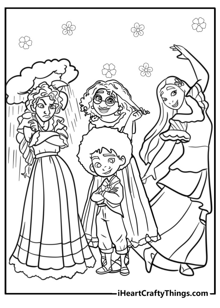 Black-and-white coloring page of four cartoon characters with flowers