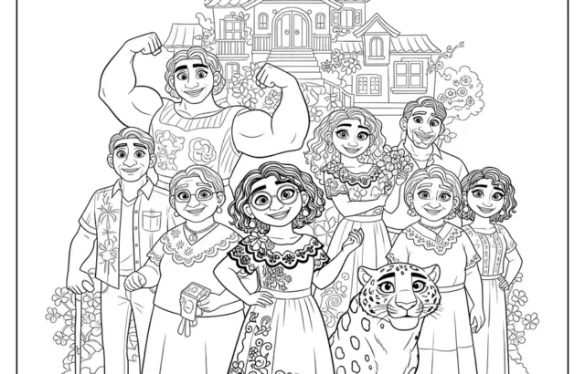 Black-and-white family coloring page with house and jaguar