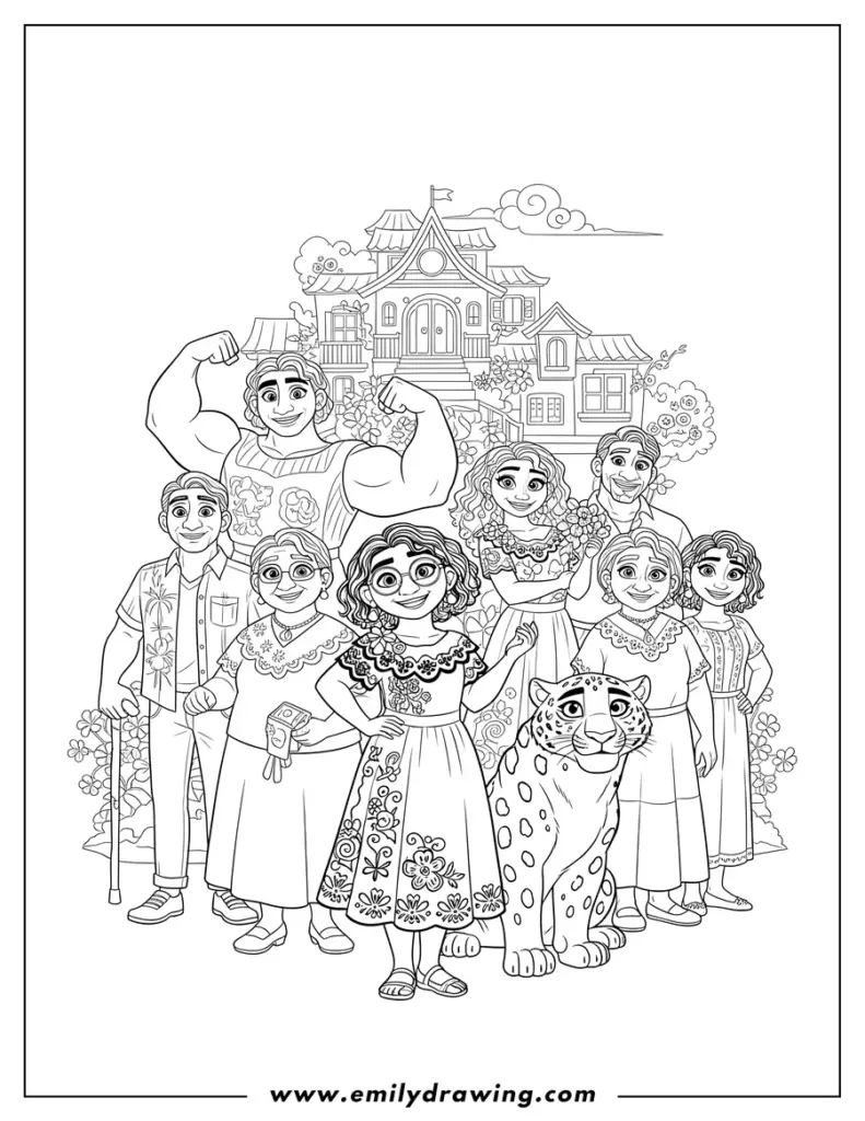 Black-and-white family coloring page with house and jaguar