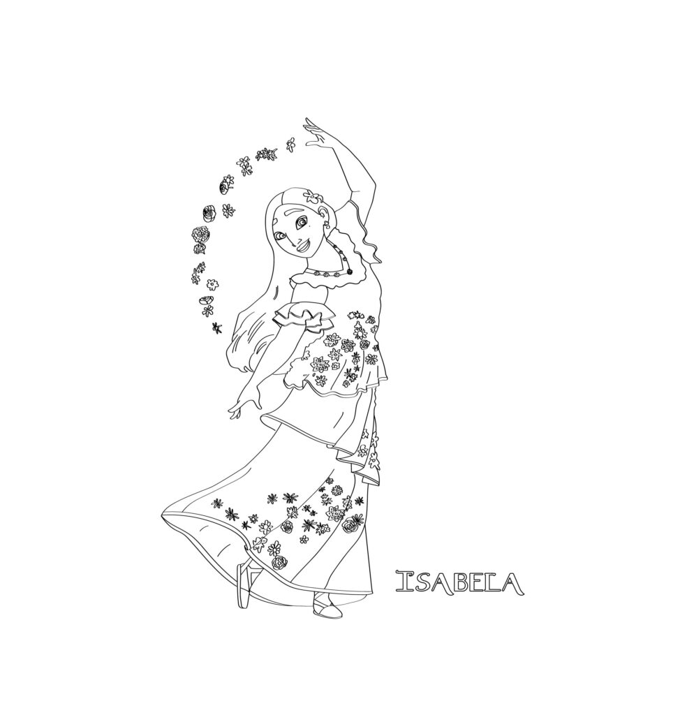 Line drawing of Isabela dancing with flowers