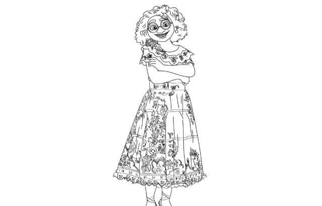 Black-and-white cartoon girl in floral dress