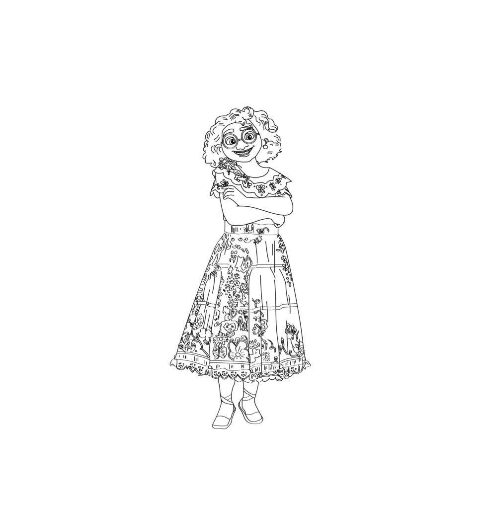 Black-and-white line drawing of smiling girl in dress