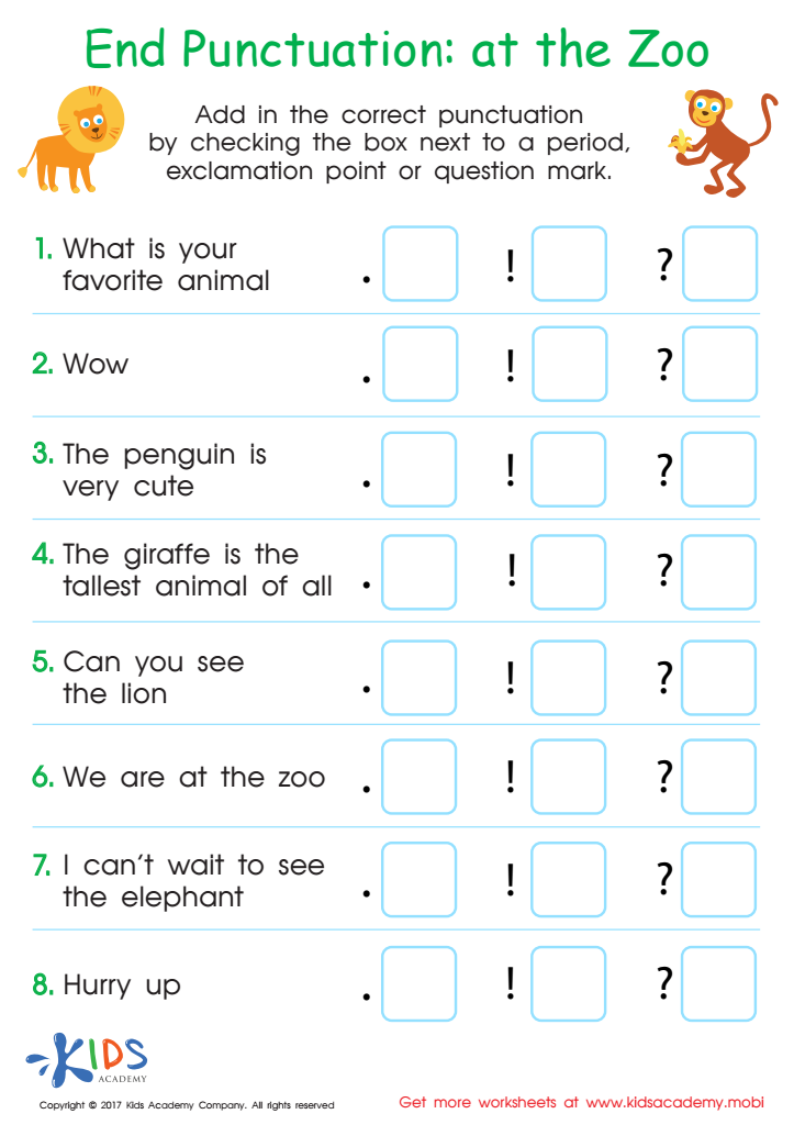 Zoo punctuation worksheet with animal cartoons and checkboxes