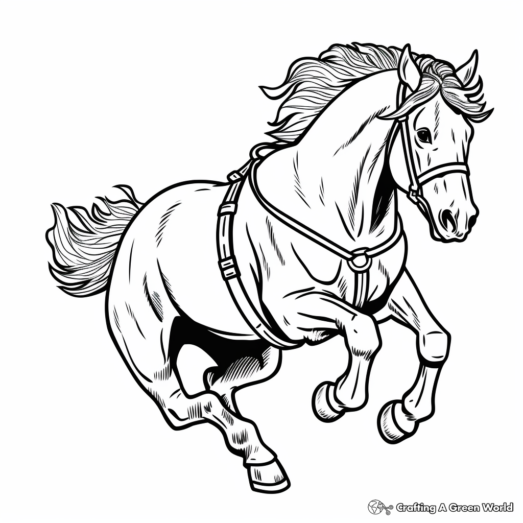 Black-and-white illustration of a running horse with harness
