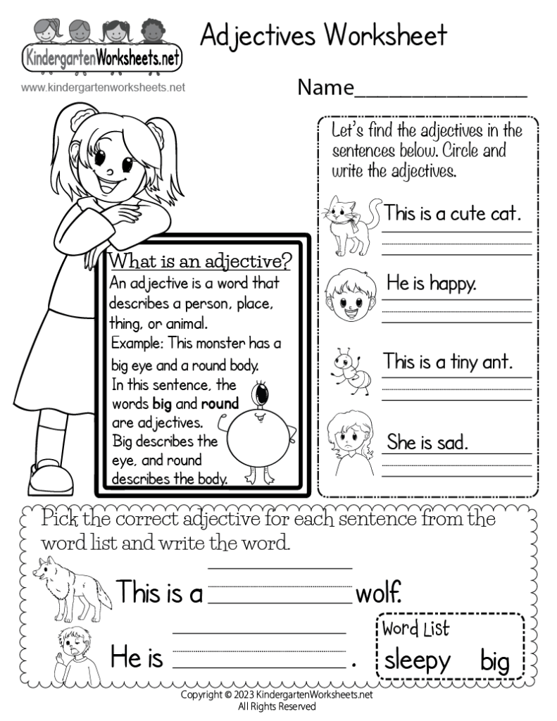 Black-and-white adjectives worksheet with cartoons and fill-in lines