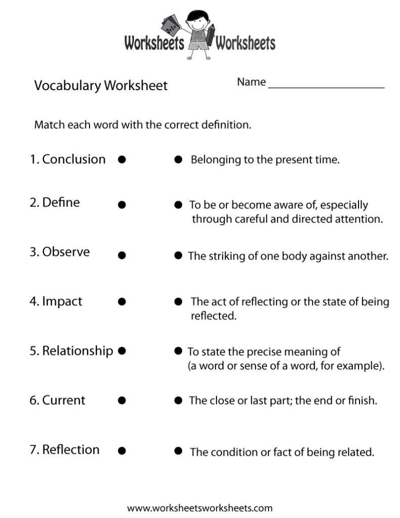 Vocabulary worksheet with matching word definitions