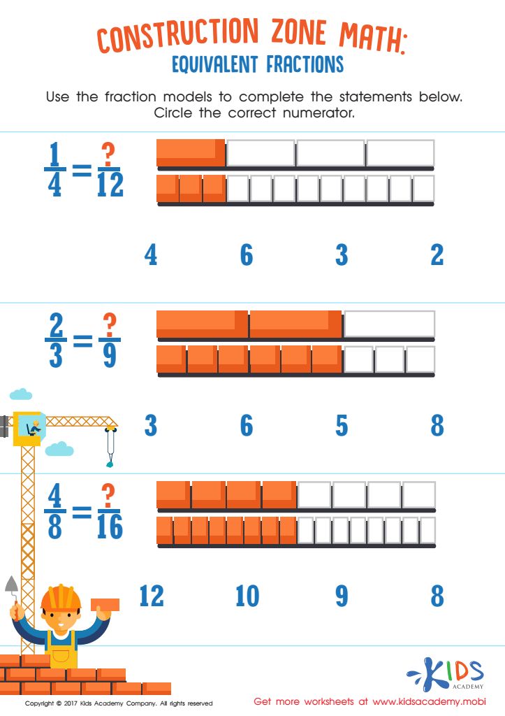 Construction zone math worksheet with fraction bars and numbers