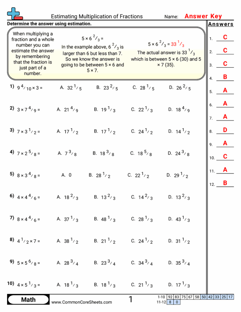 Math worksheet answer key for fraction multiplication problems