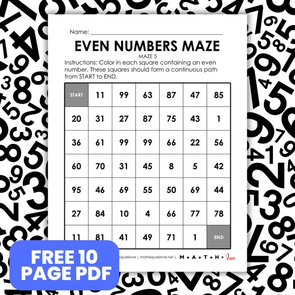 Even numbers maze worksheet with number grid