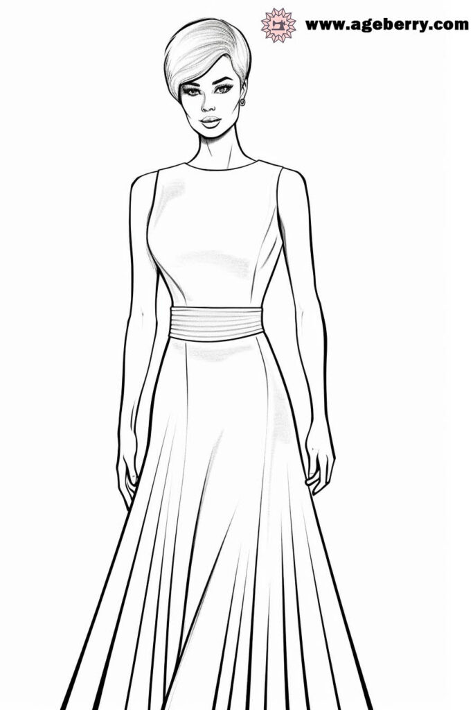 Fashion illustration of woman in long dress, website watermark above