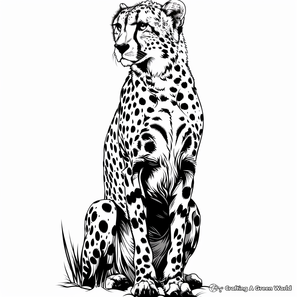 Black-and-white cheetah illustration sitting on rocks