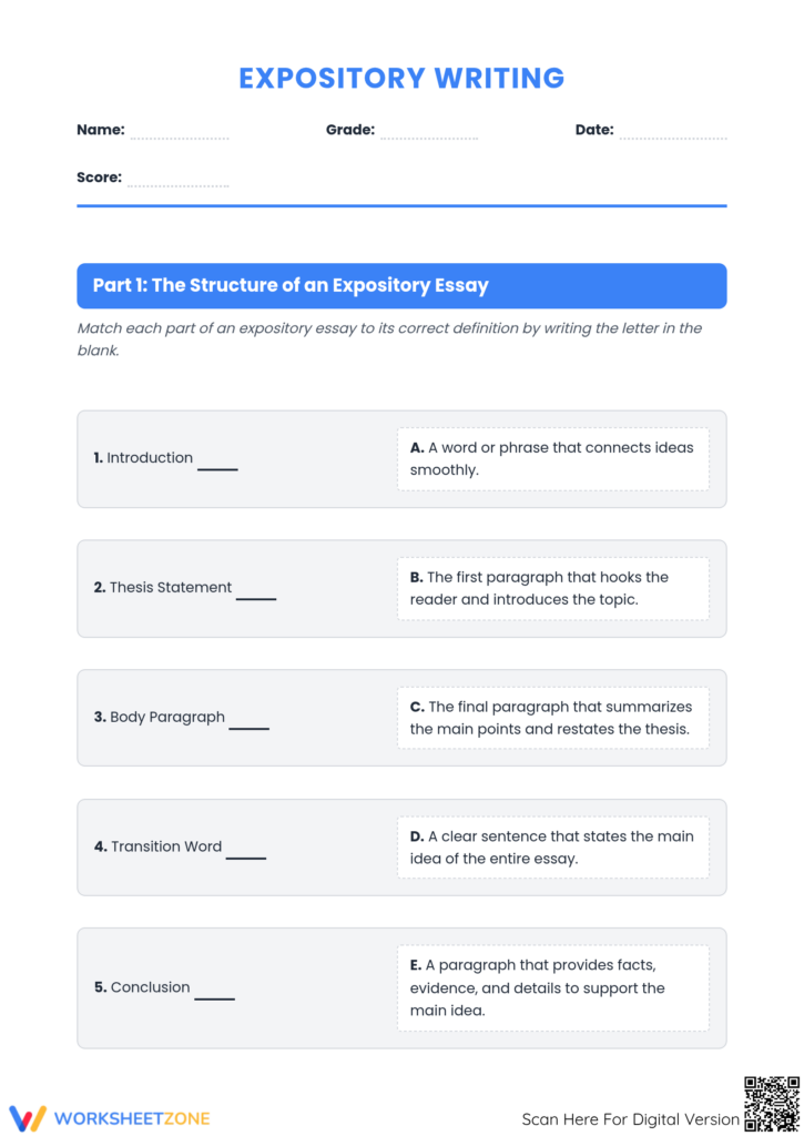 Expository writing worksheet with essay structure matching exercise