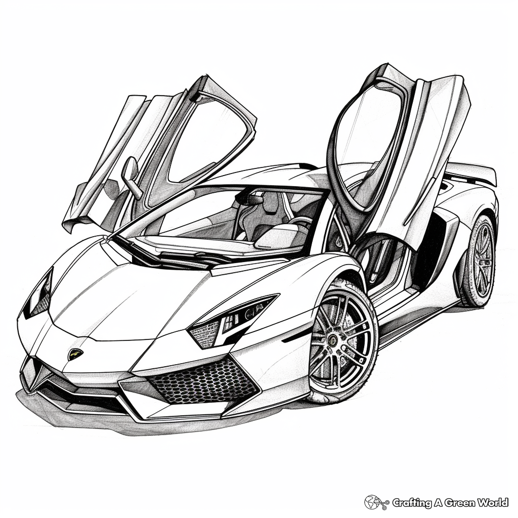 Black-and-white sports car with scissor doors open