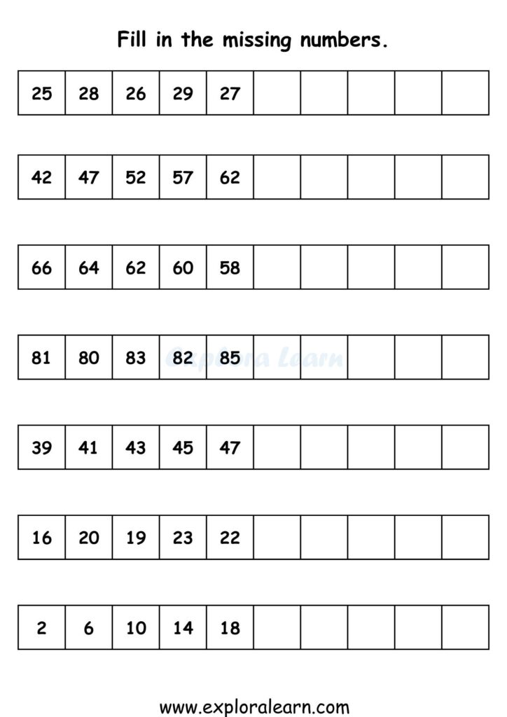 Number sequence worksheet with missing numbers boxes