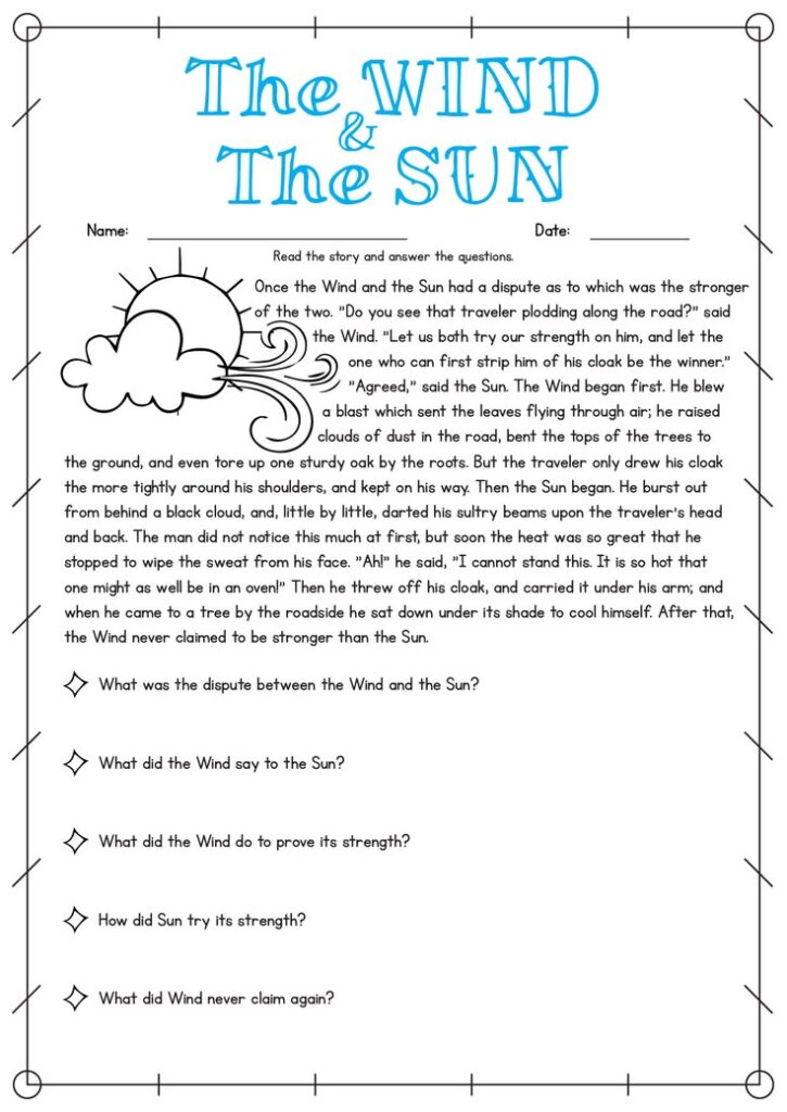 The Wind and the Sun reading worksheet page
