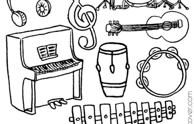 Black-and-white music instrument coloring page with letter M