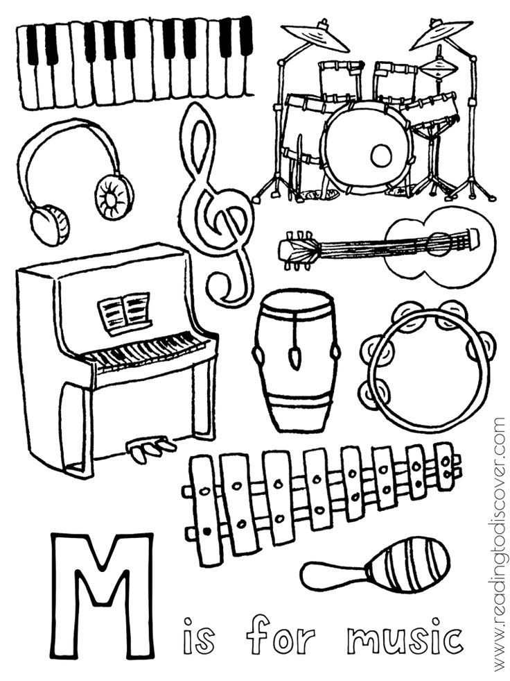 Black-and-white music instrument coloring page with letter M