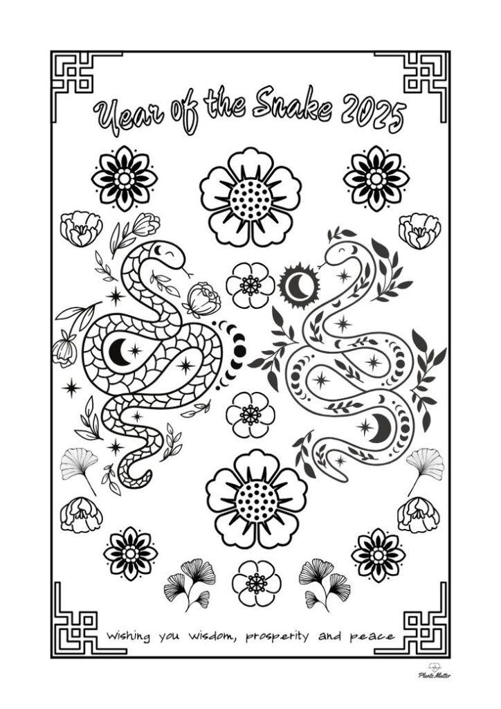 Black-and-white snake-themed floral coloring page with border