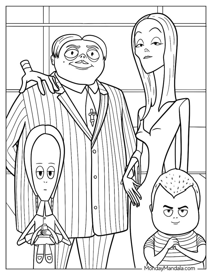 Black-and-white cartoon family portrait with four characters