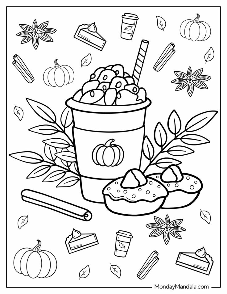 Halloween coffee cup with pumpkins, pastries, and leaves coloring page