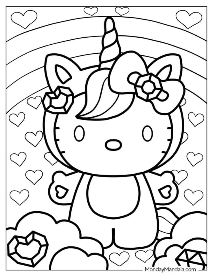 Uncolored Hello Kitty unicorn coloring page with hearts and clouds