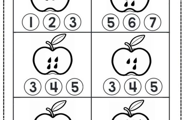 Apple seed counting worksheet with six apple panels