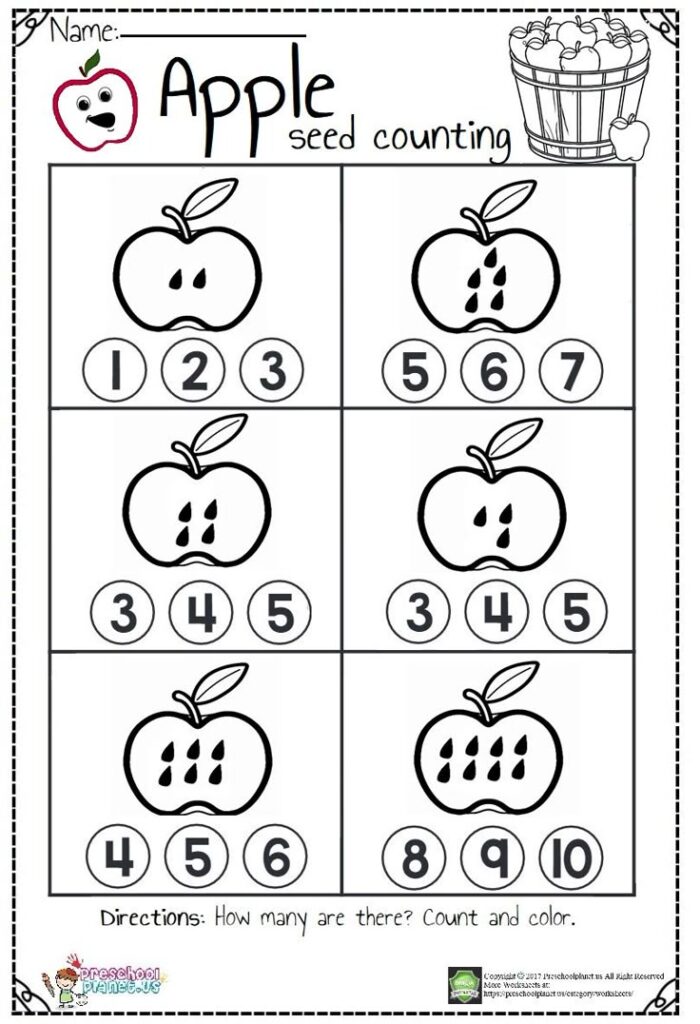 Apple seed counting worksheet with six apple panels