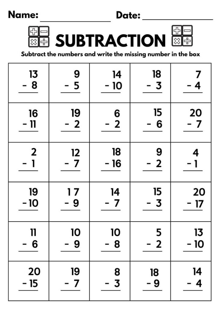 Subtraction worksheet with grid of simple problems