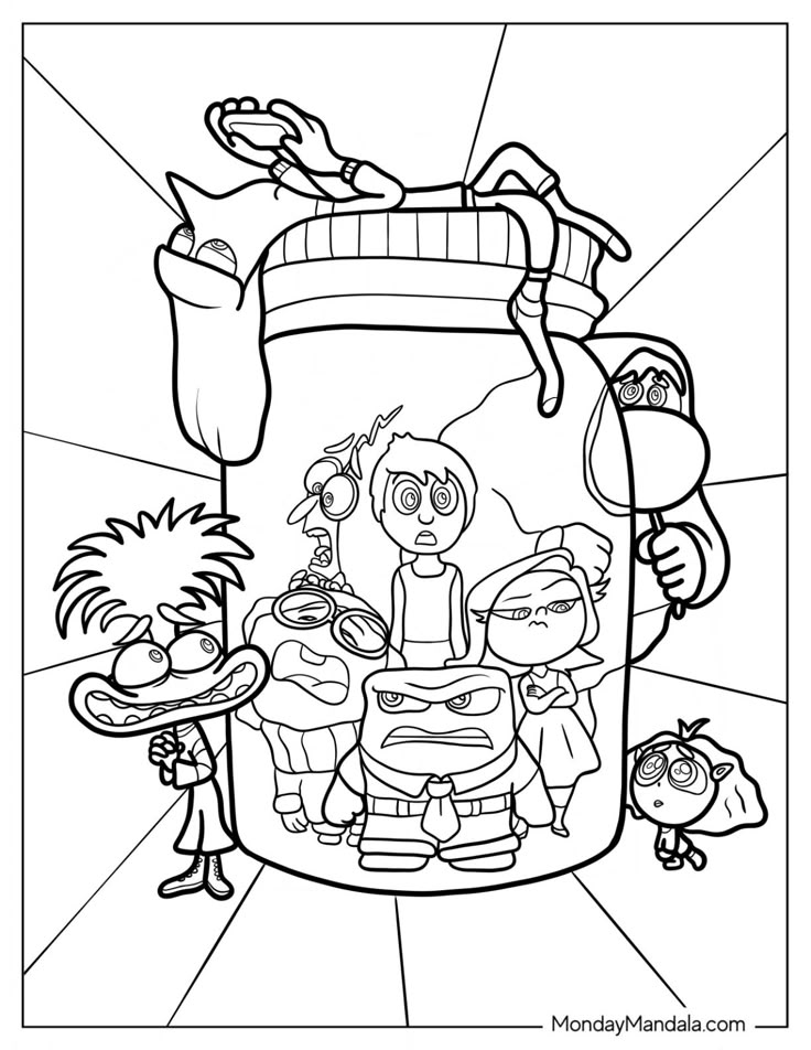 Inside Out characters in a giant container coloring page